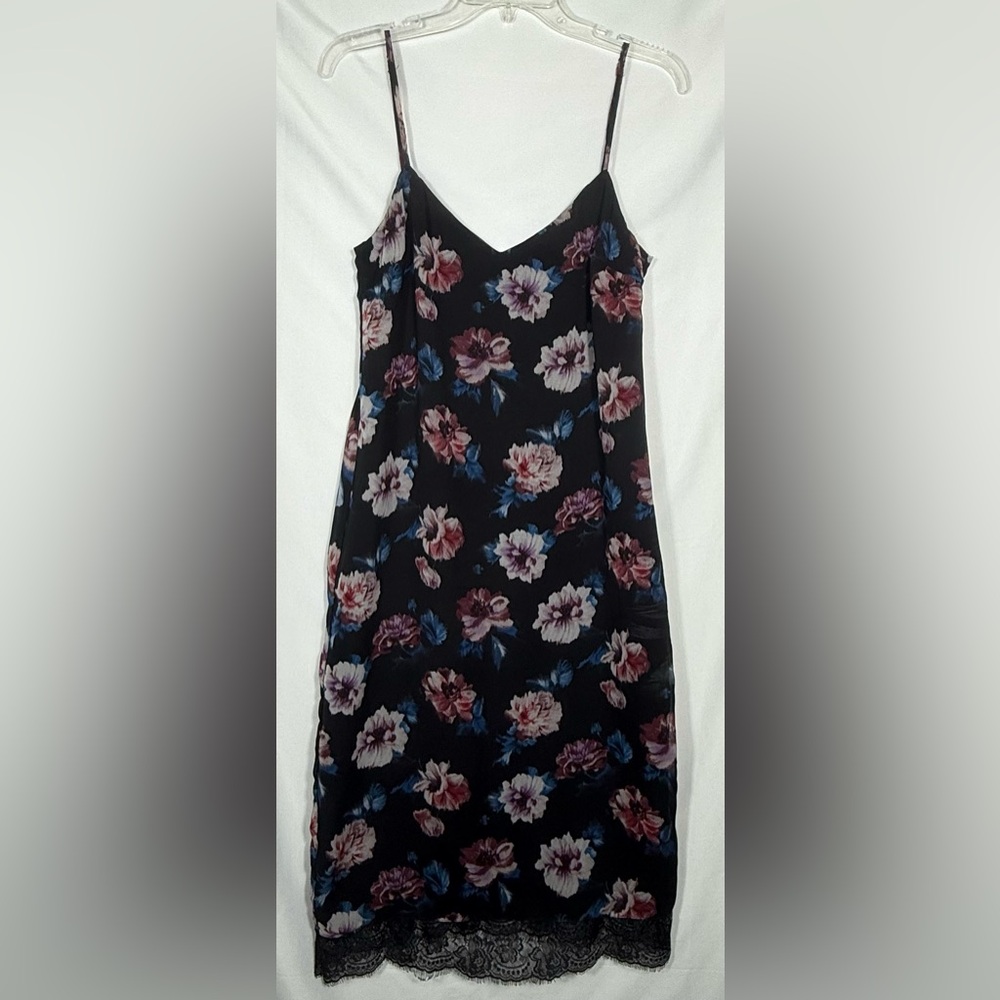 Zara Black Floral Midi Slip Dress with Lace Hem
